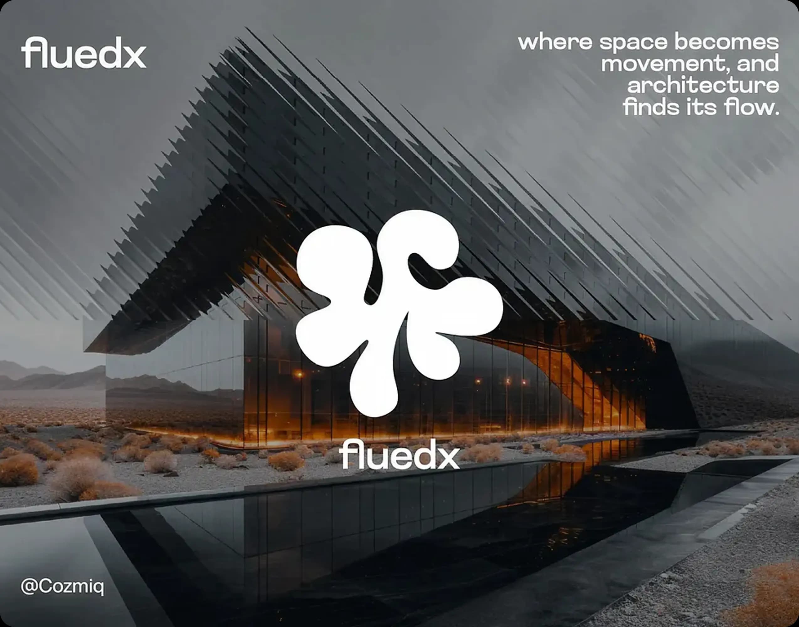 Modern angular glass building in a desert landscape with Fluedx branding.