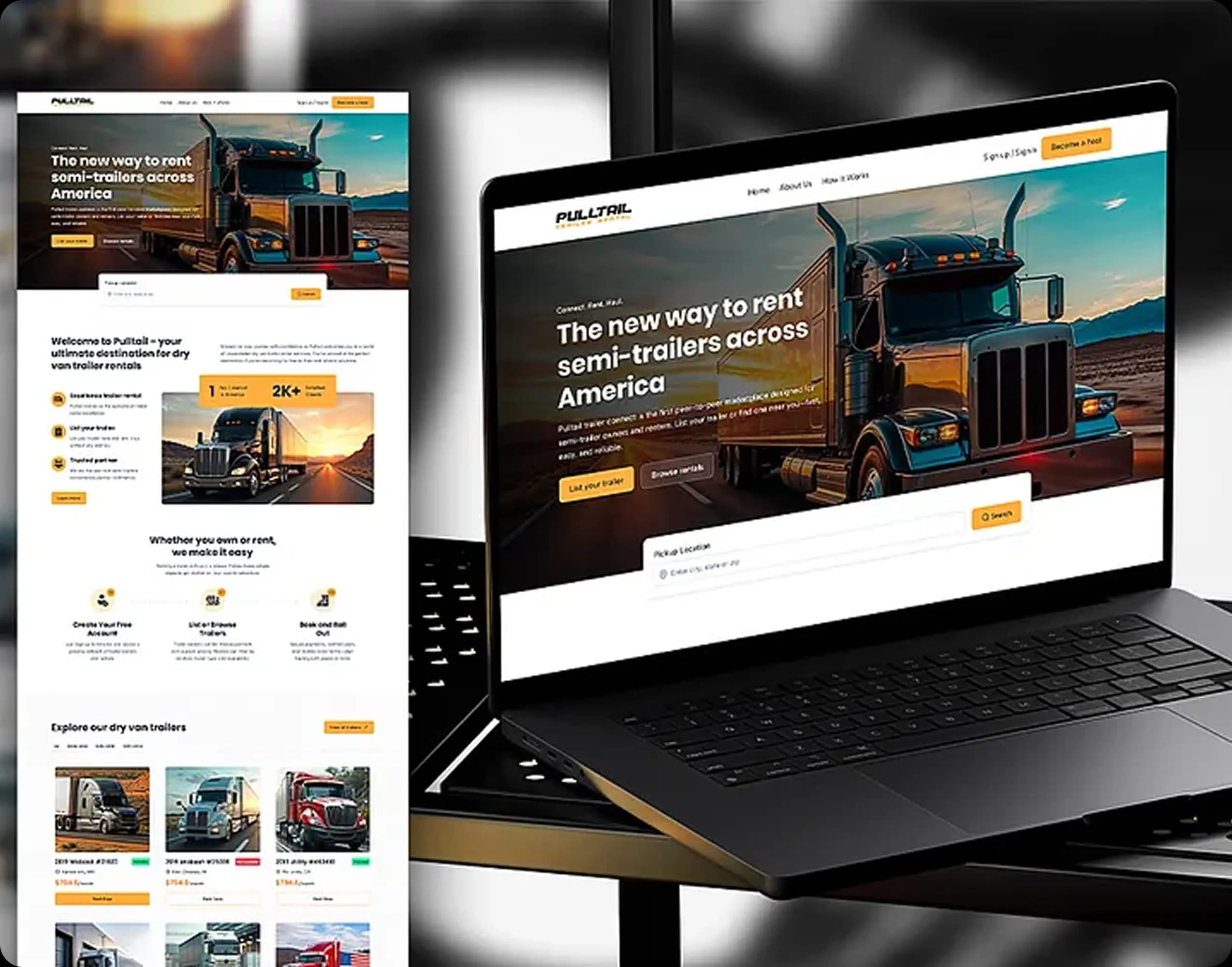 Laptop displaying a semi-trailers rental website with truck image and search functionality.